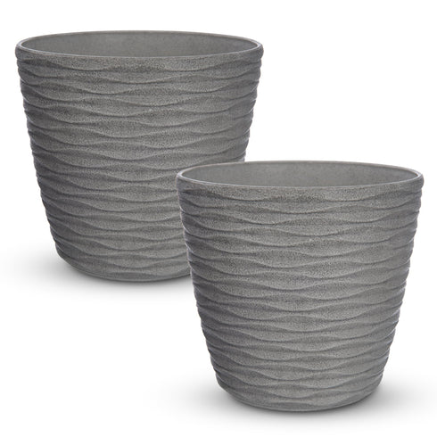 Plastic Plant Pot with Wave Design 18cm Grey - Set of 2